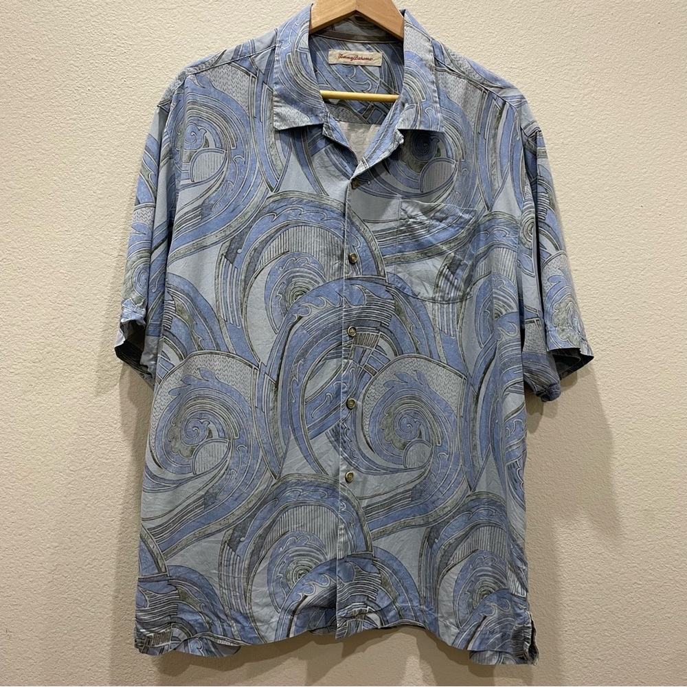 Tommy Bahama 100% Silk Camp Shirt XL Blue Abstract Hawaiian Resort Aloha Retro